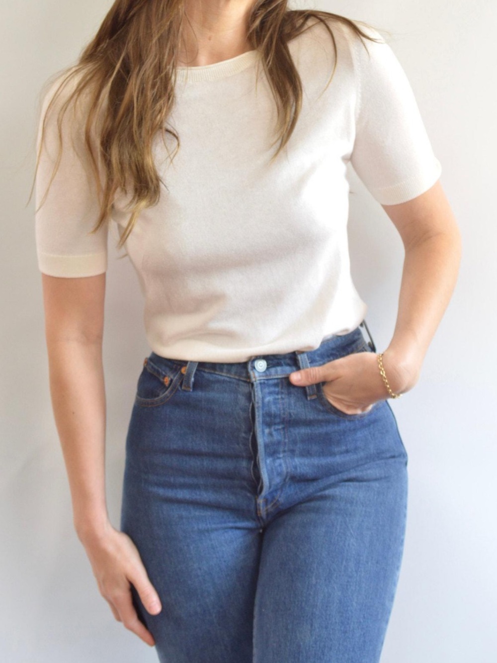 Classic Cream Short-Sleeve Knit Sweater Tee